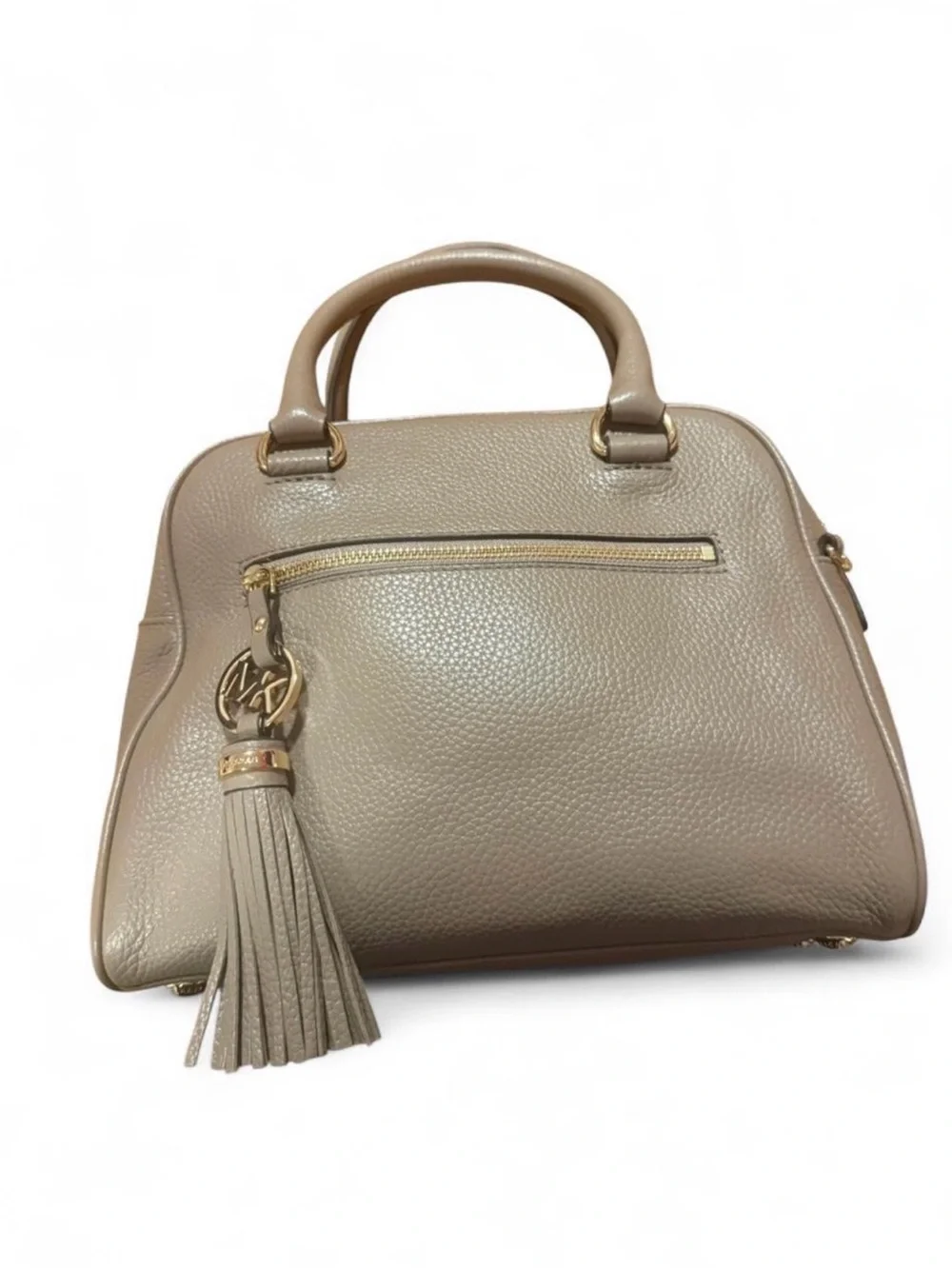 Michael Kors Knox Satchel featuring a prominent tassel and gold-tone hardware